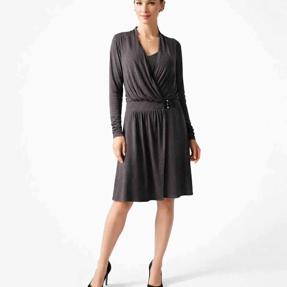 White House Black Market Faux Wrap Knit Dress Gray Size 10 Buckle Waist Career